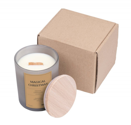 Świeca sojowa DONAU HOME, w szarym szkle, drewniana pokrywa i knot, Magia Świąt, 200g