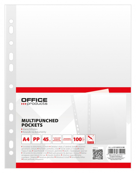 Koszulki na dokumenty OFFICE PRODUCTS, PP, A4, krystal, 45mikr., 100szt.