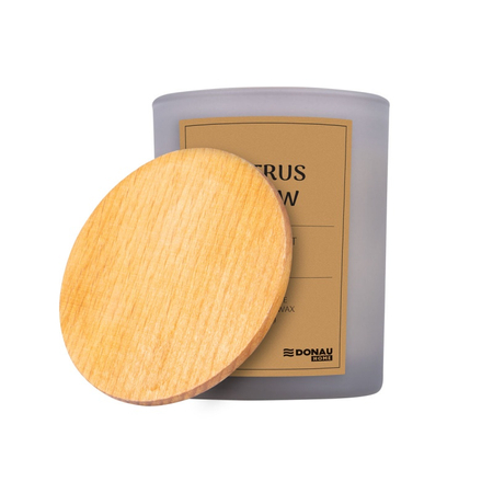 Świeca sojowa DONAU HOME, w szarym szkle, drewniana pokrywa i knot, Citrus Glow, 200g