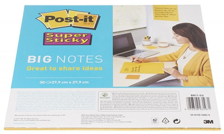 Karteczki samoprzylepne POST-IT® Super Sticky Big Notes (BN11 -EU), 280x280mm,1x30 kart., żółte