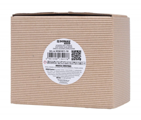 Świeca sojowa DONAU HOME, w szarym szkle, drewniana pokrywa i knot, Magia Świąt, 200g