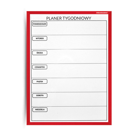 Planer tygodniowy suchościeralno-magnetyczna 30x40cm w ramie drew, lakierowanej czerwonej ( marker, gąbka, 3 magnesy)