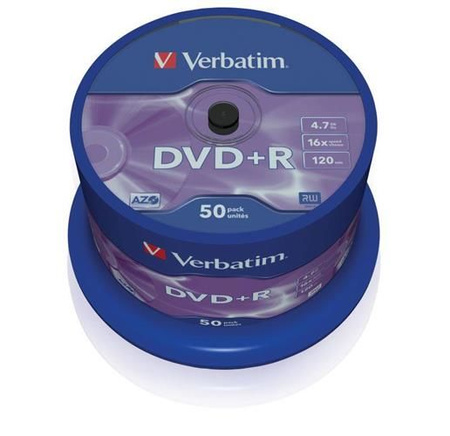 Płyta DVD+R VERBATIM AZO, 4,7GB, prędkość 16x, cake, 50szt., srebrny mat