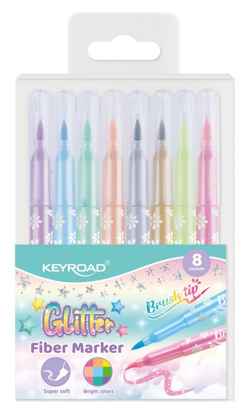 Flamastry KEYROAD Fiber Marker Glitter, zakończone pędzelkiem, brokatowe, 8 szt., mix kolorów pastelowych