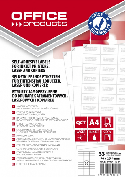Etykiety OFFICE PRODUCTS, 70x25,4mm, białe, 100 ark.