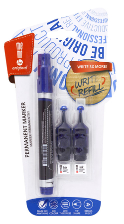 Marker permanentny MEMOBE + 2 ampułki z zapasowym tuszem, okrągła końcówka, kolor niebieski