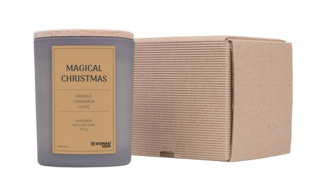 Świeca sojowa DONAU HOME, w szarym szkle, drewniana pokrywa i knot, Magia Świąt, 200g