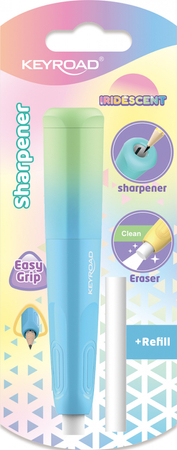 Temperówka plastikowa KEYROAD, z gumką, opalizująca, pojedyncza, blister, mix kolorów