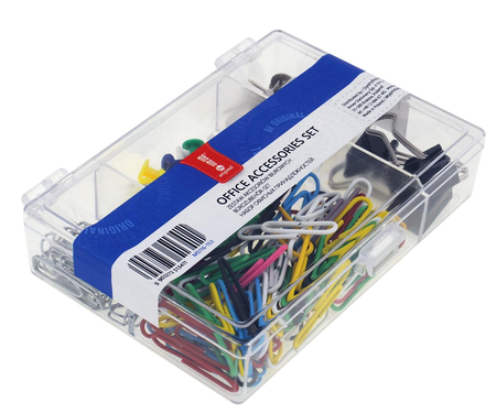 Zestaw biurowy spinacze, pinezki, klipy  MemoBe 153 el. kasetka
