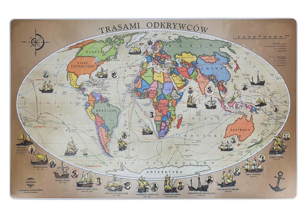 Podkładka na biurko GŁOWALA, mapa z trasami odkrywców, 58x38cm