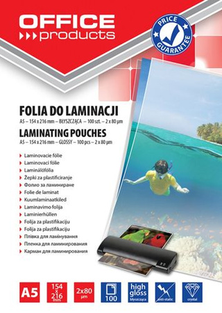 Folia do laminowania OFFICE PRODUCTS, A5, 2x80mikr., błyszcząca, 100szt., transparentna