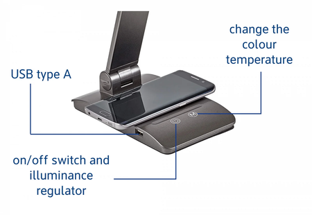 LAMPA BIURKOWA LED MAULstella, możliwość regulacji światła, Qi i USB ANTRACYTOWA