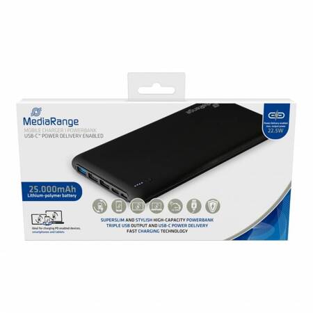 Powerbank MEDIARANGE, 25.000 mAh, 3xUSB-A + 1xUSB-C, czarny